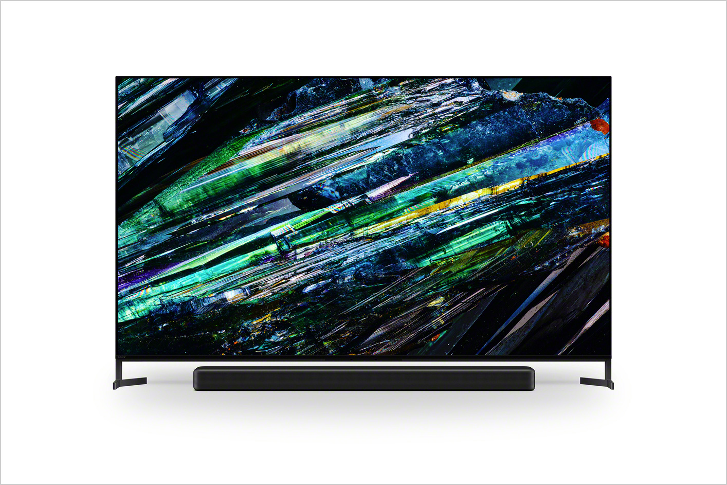 Product image of TV with sound bar displaying abstract image