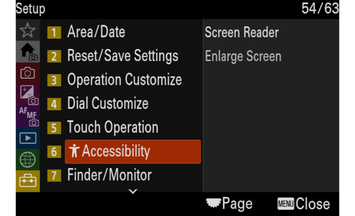 Image montrant le menu « Setup » (Configuration) de l’appareil photo avec « Accessibility » (Accessibilité) sélectionné