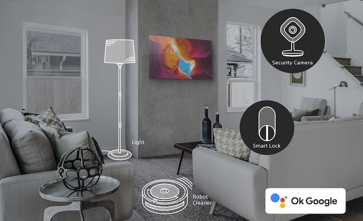 Home interior with highlighted smart-home devices