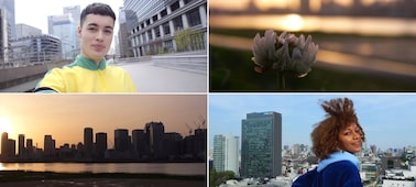 Images d’égoportraits, de portraits, de gros plan d’une fleur et d’un paysage urbain