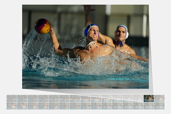 Image d’un homme qui s’apprête à lancer la balle lors d’un match de water-polo, l’une des photos prises en continu à 30 ips est mise en avant comme étant la meilleure prise