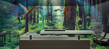 Composite image of a living room with sofa and surround sound system within a lush jungle setting.