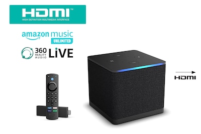 Image d’un Fire Cube avec les logos Amazon Music et HDMI à gauche, et d’une flèche avec le logo HDMI à droite