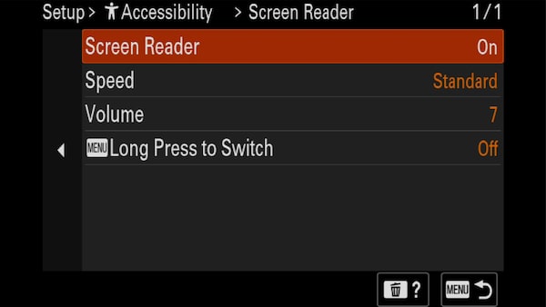 Image of camera display showing Screen reader setting menu