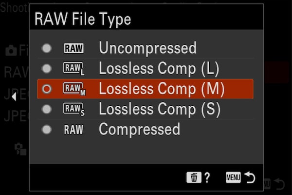 Image produit montrant le menu « RAW file type » de l’appareil photo avec « Lossless Comp (M) » sélectionné