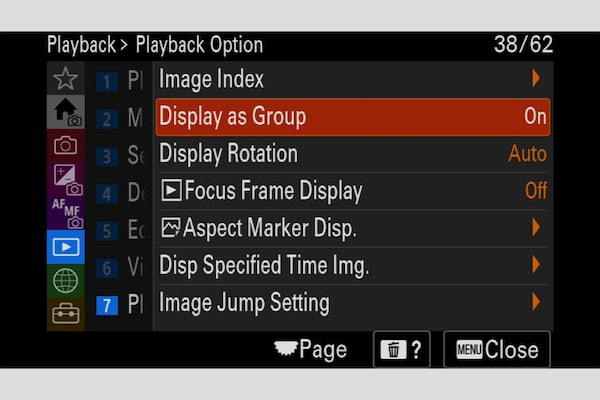 Image du menu pour la lecture de photos avec l’option « Afficher en tant que groupe » sélectionnée