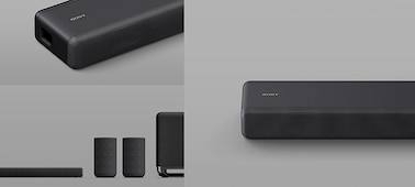 Montage of images including angled view of soundbar, front view of soundbar and soundbar with additional speakers