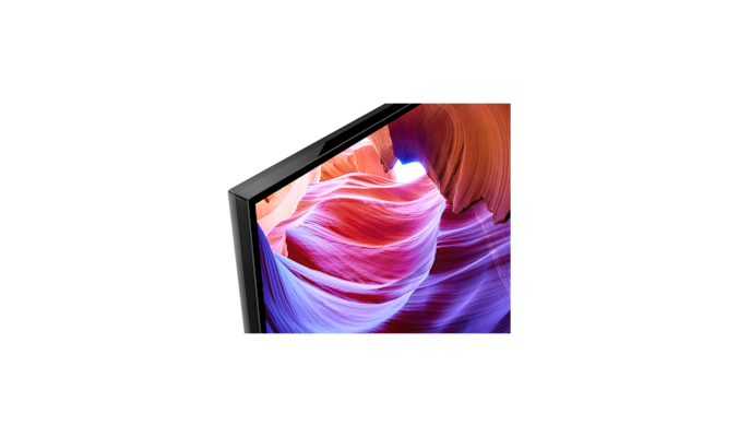 X85K BRAVIA TV close up of frame with screenshot of purple and orange materials