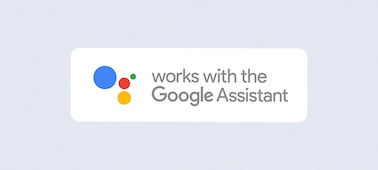 Logos for “works with Google Assistant” and “works with alexa”