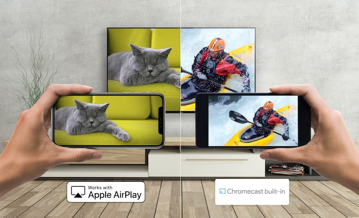 An Android and smartphone casting media to Sony TV with Apple AirPlay and Chromecast