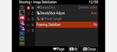 Image produit montrant le menu « Image Stabilization » (Stabilisation d’image) de l’appareil photo avec « Framing Stabilizer » (Stabilisateur de cadrage) sélectionné