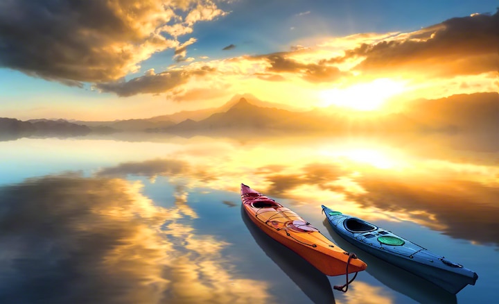 Two canoes on a lake at sunrise