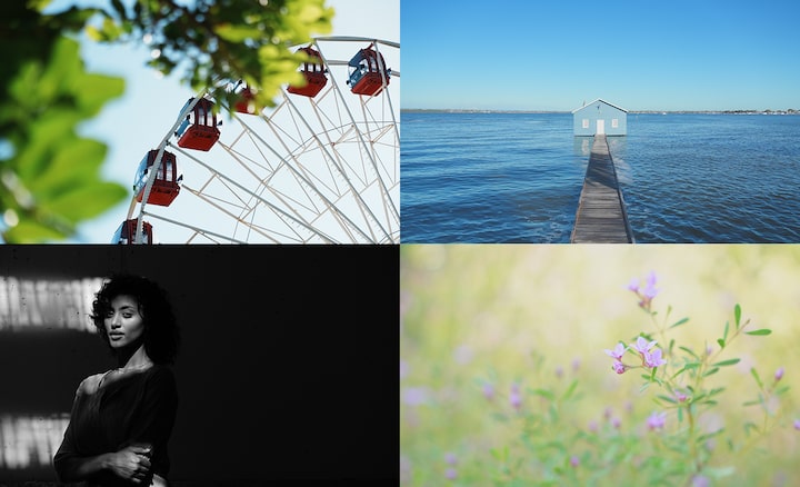 4 exemples de photos avec Rendu créatif : grande roue, hangar à bateaux, portrait d’une femme, macro de fleurs sauvages