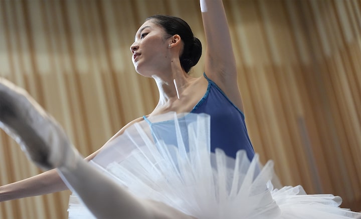 Image d’exemple montrant une danseuse portant un justaucorps bleu et un tutu blanc, posant avec une jambe levée