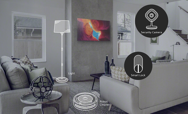 Living room scene showing smart-home devices including light, robot cleaner, security camera and smart lock