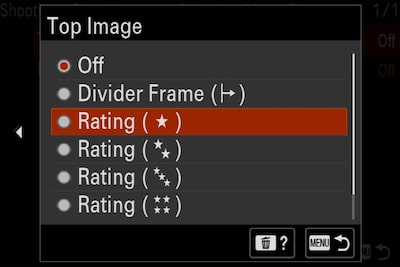 Image produit du menu « Top Image » (Première image) de l’appareil photo, l’option « Rating » (Marquage) est sélectionnée