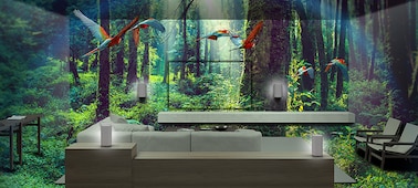 Composite image of a living room with sofa and surround sound system within a lush jungle setting.