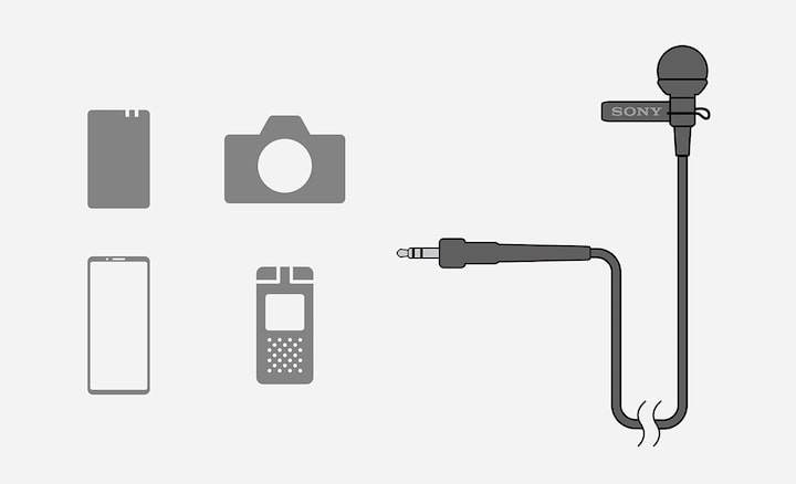 Illustration du large éventail d’options de connectivité offert par la compatibilité des branchements du microphone ECM-L1, notamment avec les appareils photo, dictaphones, téléphones intelligents et microphones sans fil