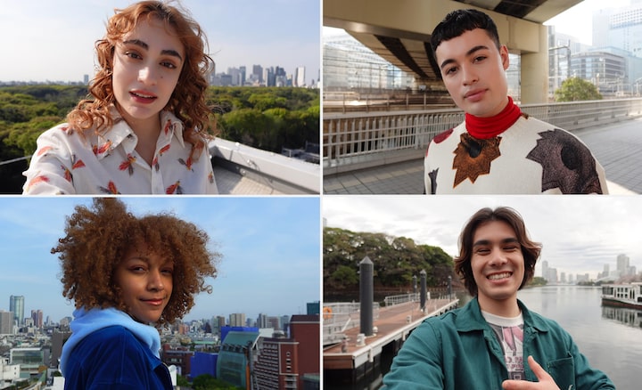 Images de deux hommes et de deux femmes prenant des égoportraits