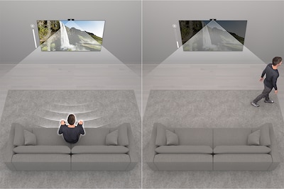 Split screen view with image on left showing a person on a sofa watching TV and image on right showing a person walking out of the room with screen dark.