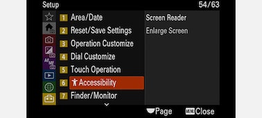 Image produit montrant le menu « Setup » (Configuration) de l’appareil photo avec « Accessibility » (Accessibilité) sélectionné