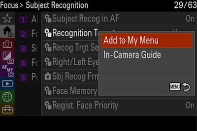 Image produit montrant le menu « Subject Recognition », avec l’option « Add to My Menu » sélectionnée