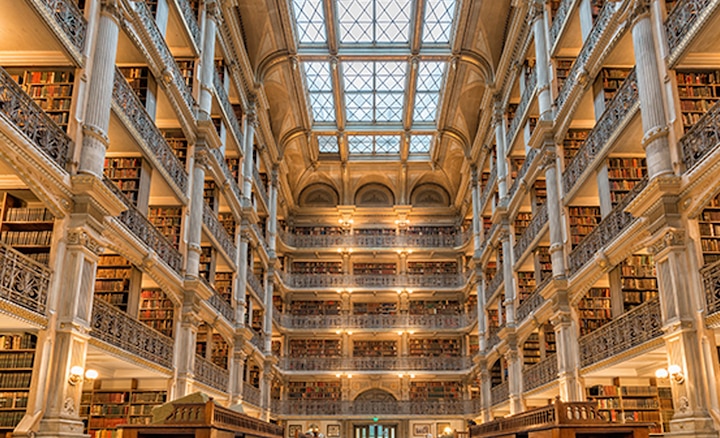 Interior shot of a library showing 4K detail in architecture