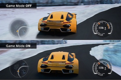 Split screen of a driving game with a yellow car going round a track in the snow. Showing Game Mode OFF on top and Game Mode ON on the bottom