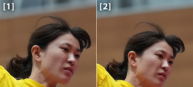 Images d’une femme lors d’un match de handball. Gauche : prise avec l’α1; droite : prise avec l’α1 II, comparaison de la réduction du bruit pour des sensibilités ISO moyennes à élevées