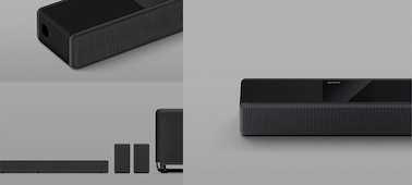 Montage of images showing Omnidirectional Block products including angled view of soundbar, front view of soundbar and soundbar with additional speakers